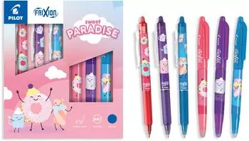 Pilot FriXion Ball + Clicker „Sweet Paradise" 6er-Set, löschbar, blau, Mittlere Spitze