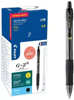 Pilot G-2 Plus Gelkugelschreiber schwarz, mittlere Spitze, 20er-Pack