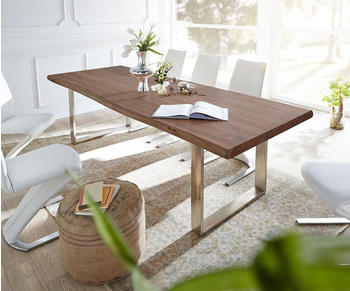 DeLife Esszimmertisch Edge Akazie Braun 260x100 cm L Edelstahl Schmal Live-Edge (10332)
