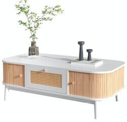 Merax Couchtisch mit Schubladen 38.5x110x55 cm Rattan weiß