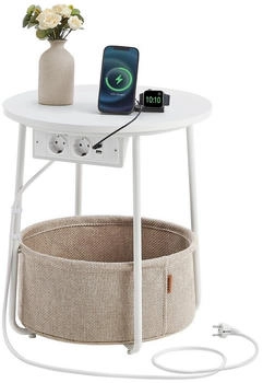 Vasagle Beistelltisch rund mit Steckdose USB-Anschl&uuml;sse mit Korb Stoff &Oslash;45 cm Mattwei&szlig;-Kamelbraun