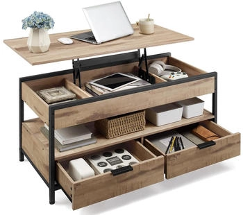 Vasagle Couchtisch höhenverstellbar mit Schubladen 50x100x(48-63) cm kamelbraun-tintenschwarz
