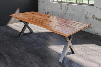 sam Esstisch Baumkante Massiv Mango naturfarben 260 x 100 silber X-Gestell DORA Mango