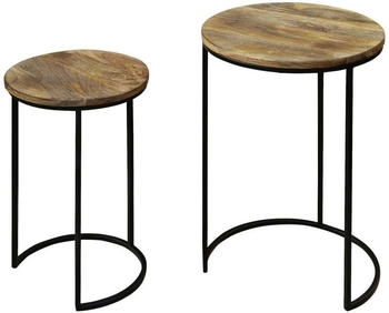 Mid.you Satztisch Natur Schwarz Metall 2-teilig Mangoholz massiv rund C-Form 30x60x40 cm