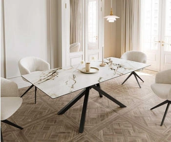 DeLife Esstisch Edge 180-220x100 Keramik Calacatta Luxe weiß-gold-grau (37947)