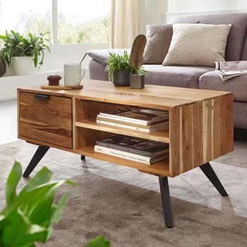 Finebuy Sofatisch 95 cm Akazie Wohnzimmertisch Holz Massiv Schublade