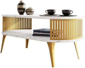 Mirjan24 oval Roenni Gold Modern Sofatisch Design Kaffeetisch Wohnzimmer Stilvoll Gold Bianco Marmor 100 cm X 44 cm X 50 cm