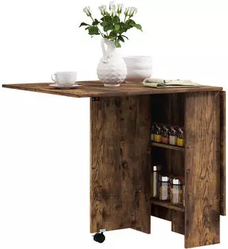 HomCom Klappbarer Esstisch für 6 Personen, 2 offene Ablagen, Bremsrollen, Braun (835-058V80RB)