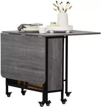 HomCom Klapptisch auf Rollen, Klappflügel, integriertes Regal, 130x80x74cm, Grau
