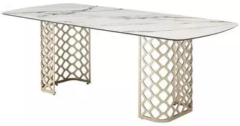 Kauf-Unique Goldena Esstisch 8 Personen, Hartglas & Keramik, Wei&szlig;er Marmor & Goldeffekt, 220x100cm (GOLDENA)