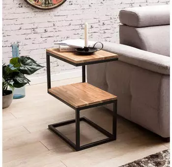 Finebuy Beistelltisch S-Form Akazie Massivholz mit Metall (SuVa10302_1)