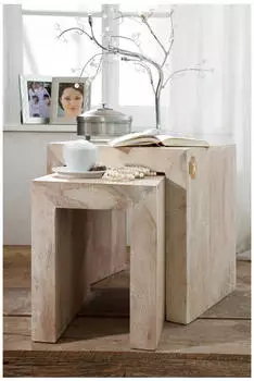 Massivmoebel24 Nature White #12 Beistelltisch Akazie white stone get&uuml;ncht 45x35x45cm (09-100-552-0012)