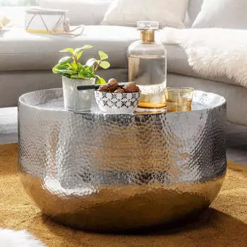 Finebuy Couchtisch Rund Aluminium Silber Hammerschlag 60x60x35cm (FB30286)