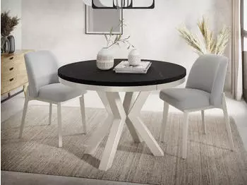 WFL GROUP Clara Esstisch rund ausziehbar Schwarze Marmoroptik Grau-Beige Metallbeine (120-200cm)