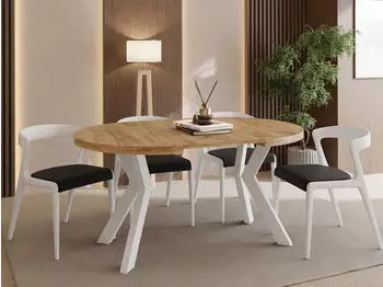 WFL GROUP Savio Esstisch rund ausziehbar 80-130cm, Eiche Braun, wei&szlig;e Holzbeine
