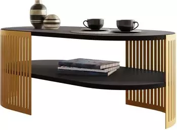 Mirjan24 Couchtisch oval, Metallbeine, Schwarz/Gold (II)