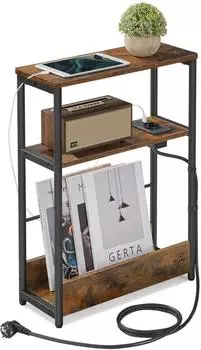 Vasagle Beistelltisch mit Ladefunktion, 3 Ablagen, vintagebraun-tintenschwarz (LET335K02)