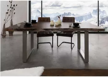 Massivmoebel24 Freeform 5 Baumkantentisch Akazie 200x100x77 grau lackiert, U-Beine silber matt (09-110-824-2904)