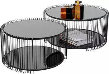 KARE Wire Double Couchtisch 2er Set, Glas, rund, schwarz (87442)