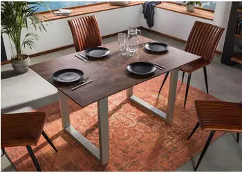 Massivmoebel24 Swiss Edge Esstisch Akazie massiv 160x90cm grau lackiert, U-Beine silber matt (09-106-825-6115)