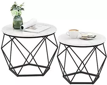 Vasagle Couchtisch rund, 2er Set, abnehmbare Tischplatte, Stahlgestell, wei&szlig;-schwarz (LCT041W59)