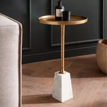 Finebuy Beistelltisch Echter Marmor Rund &Oslash;34cm Gold/Wei&szlig; (FB107528)