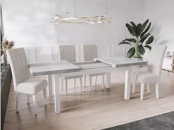 WFL GROUP Avena Esstisch ausziehbar 140&ndash;180cm, Grau Beton, wei&szlig;e Holzbeine