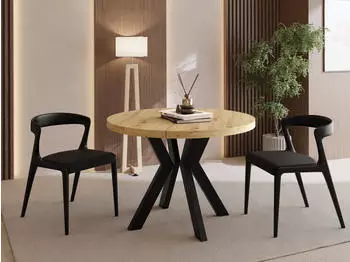 WFL GROUP Savio Esstisch rund ausziehbar 80-130cm, Eiche Artisan, schwarze Holzbeine
