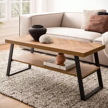 Finebuy Couchtisch Braun Fischgr&auml;t-Muster 100x40x41cm Metallgestell (FB104749)