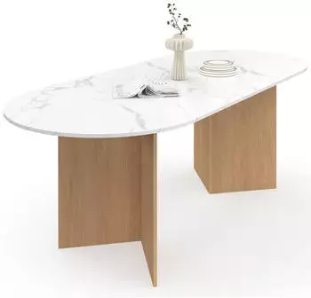 IDMarket Marthe Ausziehbarer Ovaler Esstisch, Weißer Marmor & Buchenholz, 160-200cm (100465)