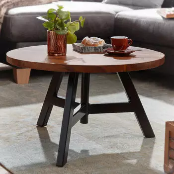 Finebuy Couchtisch Sheesham Massivholz rund &Oslash;60cm Metallgestell (FB76146)