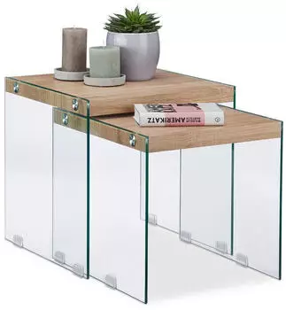 Relaxdays Satztisch 2er Set, Holz & Glas, 40-45cm hoch (10023134)