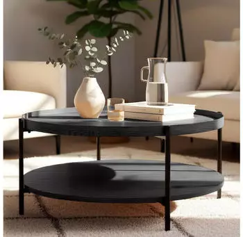 CLP Corbitan Couchtisch rund 2 Ebenen, Holz, Metallgestell schwarz, Ø80cm (326745)