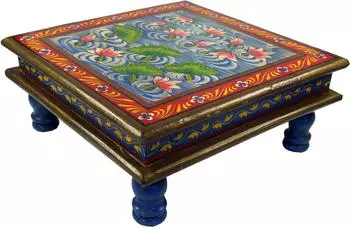 Guru-Shop Bemalter Minitisch Blumenbank Seerose Blau/Rot, Holz, 38x38x16cm (25937)