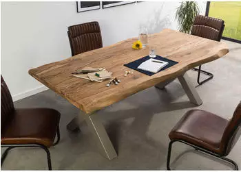 Massivmoebel24 Freeform 5 Baumkantentisch Sheesham 200x100x77cm, X-Beine silber matt (09-110-834-5914)