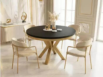 WFL GROUP Clara Gold Esstisch rund ausziehbar, schwarze Tischplatte, goldene Metallbeine (120-200cm)