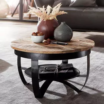 Pharao24 Couchtisch Industriestil aus Mangobaum Massivholz Metall (10121358)