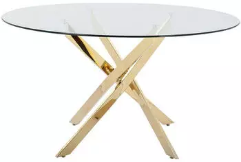 Kauf-Unique Cosima Runder Esstisch f&uuml;r 4 Personen, Sicherheitsglas & goldfarbenes Metall, Transparent