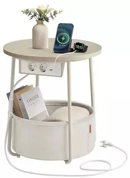 Vasagle Beistelltisch rund mit Steckdose, Stoffkorb, naturbeige-cremewei&szlig; (LET228LL01)