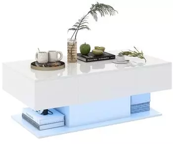 Costway Couchtisch mit LED-Beleuchtung, Hochglanz, 2 Schubladen, 110x60x40cm, Wei&szlig; (VH33302IT+)