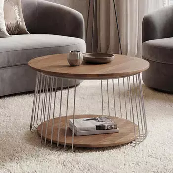 MCW Couchtisch MCW-P60, Metall MDF rund &Oslash;70cm, braun/silber (100571)
