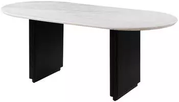 Massivmoebel24 Barcelona Esstisch oval Mangoholz 180x90cm schwarz lackiert / Marmor wei&szlig; (09-108-344-1037)