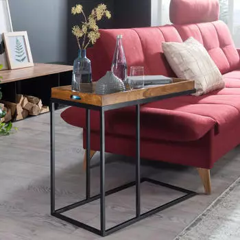 Finebuy Tabletttisch Sheesham Massivholz Metallgestell 69x65x34cm (FB51465)