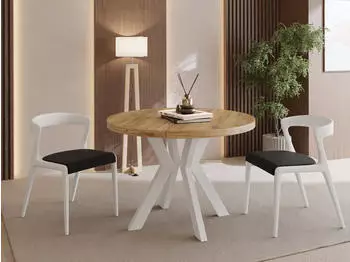 WFL GROUP Savio Esstisch rund ausziehbar 90-190cm, Eiche Braun, wei&szlig;e Holzbeine