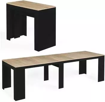 IDMarket Orlando Ausziehbarer Konsolentisch 14 Personen 300cm Holz Schwarz Buchenoptik (8435)