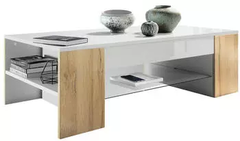 Vladon Clip Couchtisch mit Glasplatte, 2 Seitenf&auml;cher, Wei&szlig; matt/Eiche Natur, 118x37x60cm (50005696)