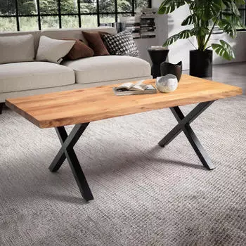 Finebuy Couchtisch Akazie Massivholz Baumkante schwarzes X-Gestell 120cm (FB100789)