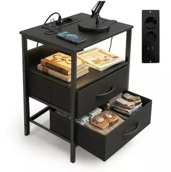 Relaxdays Beistelltisch mit LED und USB-Anschluss, schwarz (40x30x60cm)