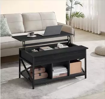 Vasagle Couchtisch h&ouml;henverstellbar, versteckter Stauraum, 60x100/120x(48-62)cm, anthrazitgrau-schwarz