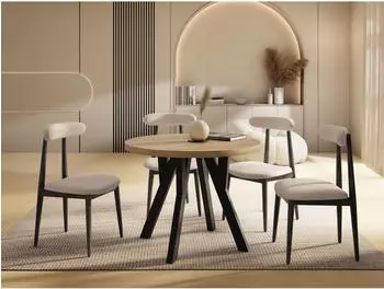 WFL GROUP Vero runder Esstisch ausziehbar, Eiche Artisan hellbraun, schwarze Holzbeine (800001517271)